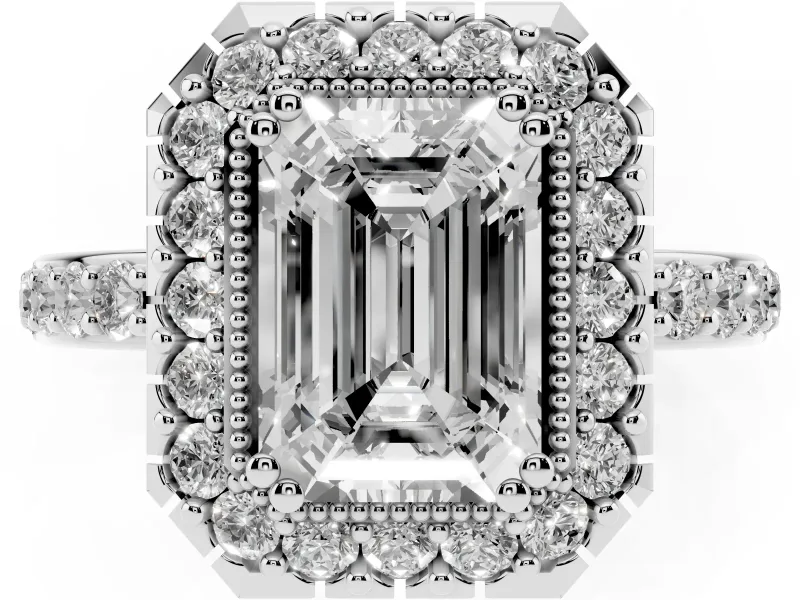 Emerald Cut Vintage Milgrain Halo Engagement Ring Setting | Pierced Gallery | Platinum