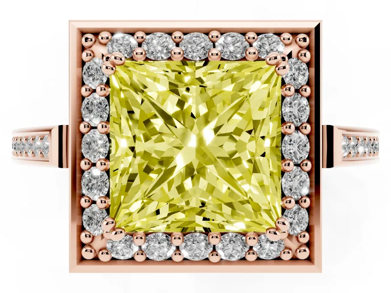 Princess Cut Halo Engagement Ring Setting for a Fancy Yellow Lab-Grown Diamond | Polished Halo Rim | Rose Gold