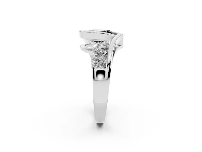 Fancy Black Pear Cut Diamond Bezel Bypass Ring Set in Silver with Round Accents