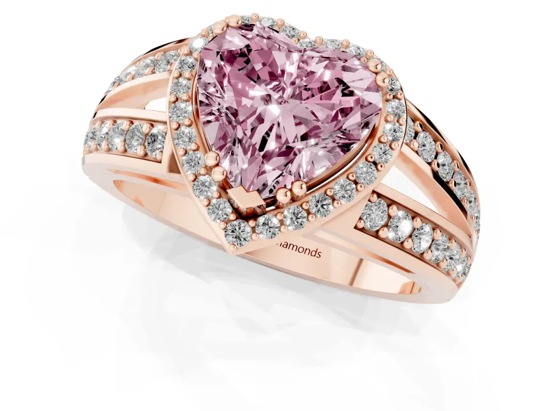 Fancy Pink Heart Cut Diamond Halo Ring Set in Rose gold with Double Pavé Split Shank