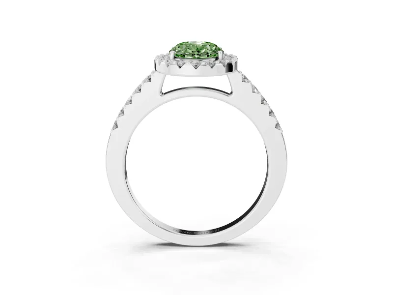 Fancy Green Oval Cut Diamond Halo Pavé Solitaire Ring Set in White gold with Prong-Set Center Stone
