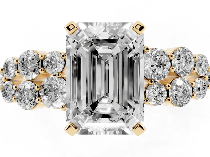 Emerald Cut Side Stone Engagement Ring Setting | Two-Row Shoulder Clusters | Yellow Gold
