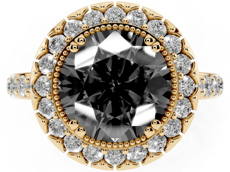 Round Milgrain Halo Engagement Ring Setting for a Black Center | Pavé Shoulders | Yellow Gold