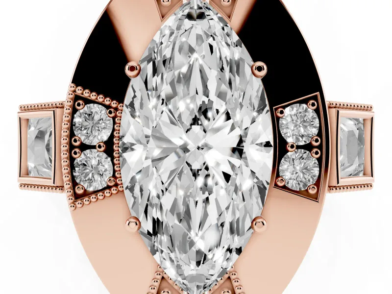 Marquise Cut Diamond Milgrain Halo Ring Set in Rose gold with Split Shank
