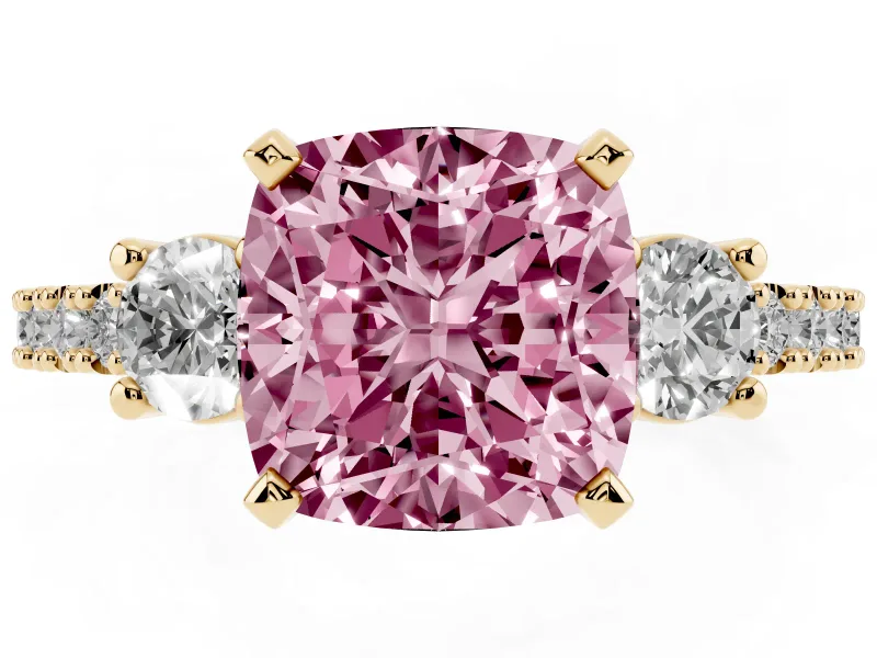 Fancy Pink Three-Stone Cushion Cut Diamond Pavé Band Ring Set in Yellow gold with Prong Setting