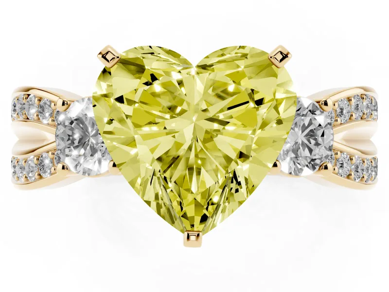Heart-Shaped Three-Stone Twist Engagement Ring Setting for a Fancy Yellow Lab-Grown Diamond | Yellow Gold