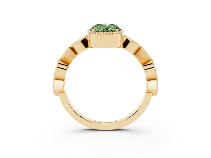 Oval Milgrain Bezel Engagement Ring Setting for a Fancy Green Lab-Grown Diamond | Yellow Gold