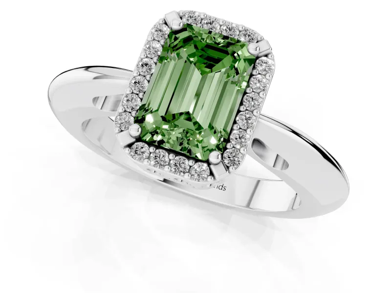 Fancy Green Emerald Cut Diamond Halo Engagement Ring Set in Platinum with Plain Split Shank and Prong Setting