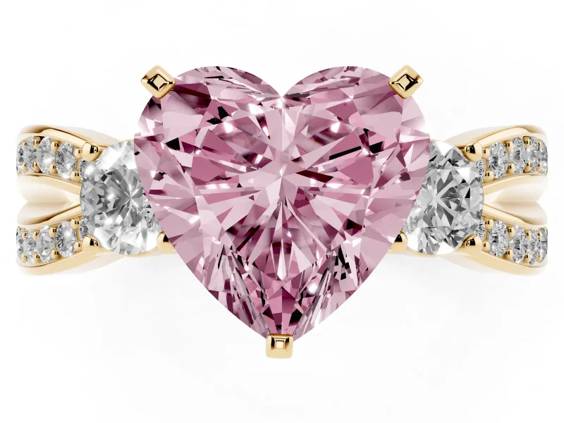 Heart-Shaped Three-Stone Twist Engagement Ring Setting for a Fancy Pink Lab-Grown Diamond | Yellow Gold