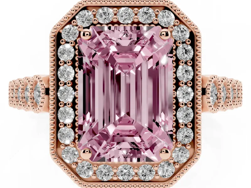 Emerald Cut Graduated Milgrain Halo Engagement Ring Setting for a Fancy Pink Lab-Grown Diamond | Rose Gold