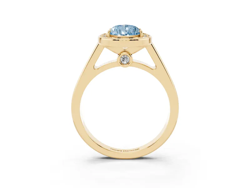 Fancy Blue Pear Cut Diamond Halo Solitaire Ring Set in Yellow gold with Pavé Band and Bezel Setting