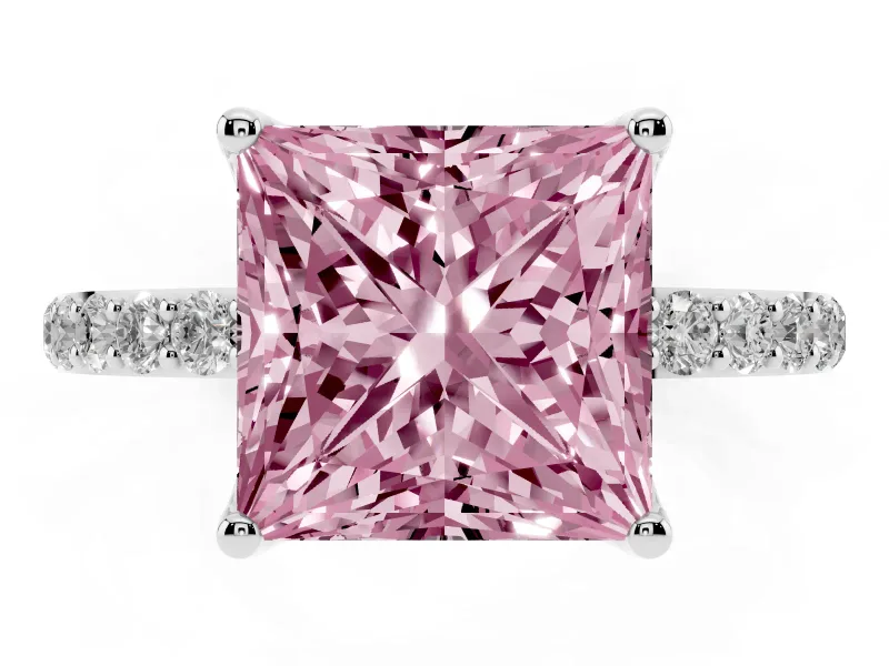 Princess Cut Pave Solitaire Engagement Ring Setting for a Fancy Pink Lab-Grown Diamond | Slim Band | Sterling Silver