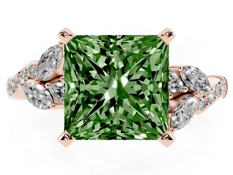 Princess Cut Floral Engagement Ring Setting for a Fancy Green Lab-Grown Diamond | Marquise Side Stones | Rose Gold