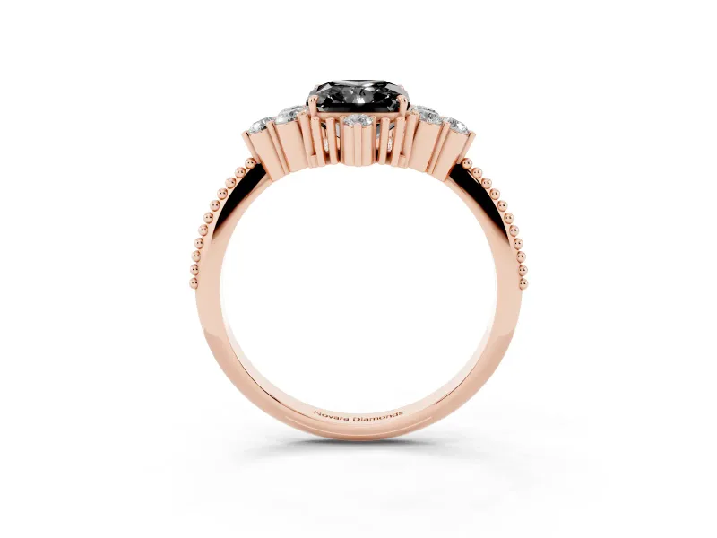 Fancy Black Radiant Cut Diamond Cluster Ring Set in Rose gold with Beaded Band