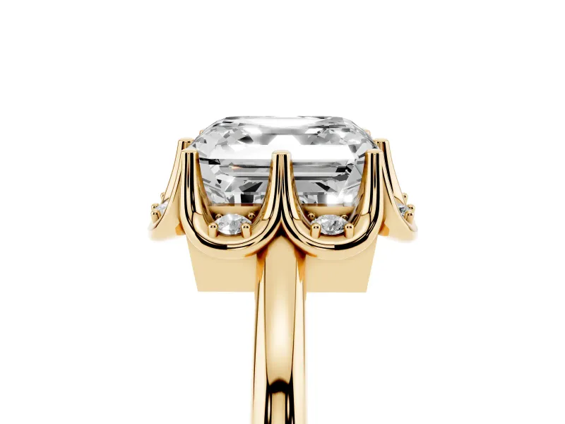 Asscher Cut Scalloped Petal Halo Engagement Ring Setting | Plain Band | Yellow Gold