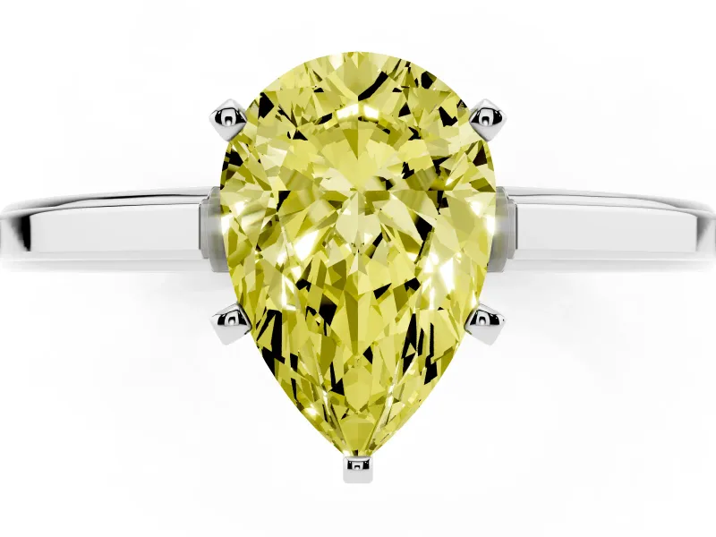 Fancy Yellow Pear Cut Diamond Solitaire Ring Set in White gold with Prong Setting and Classic Band