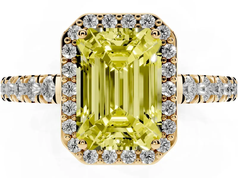 Fancy Yellow Emerald Cut Diamond Halo Engagement Ring Set in Yellow gold with Pavé Band and Prong Setting