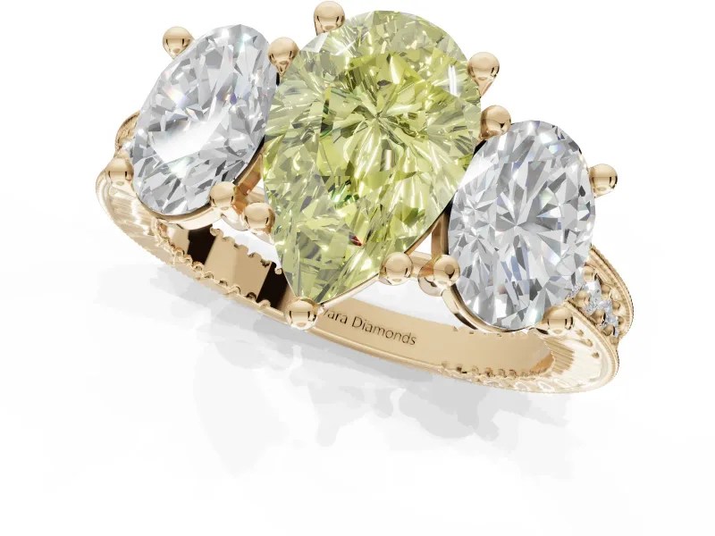 Pear-Shaped Vintage Three Stone Engagement Ring Setting for a Fancy Yellow Lab-Grown Diamond | Yellow Gold