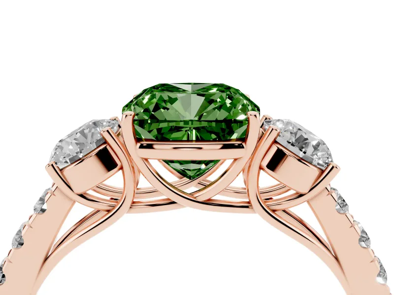 Cushion Cut Engagement Ring Setting for a Fancy Green Lab-Grown Diamond | Three Stone | Rose Gold