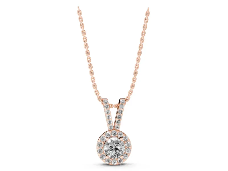 Round Lab-Grown Diamond Halo Pendant Necklace | Pavé Split Bail | Rose Gold