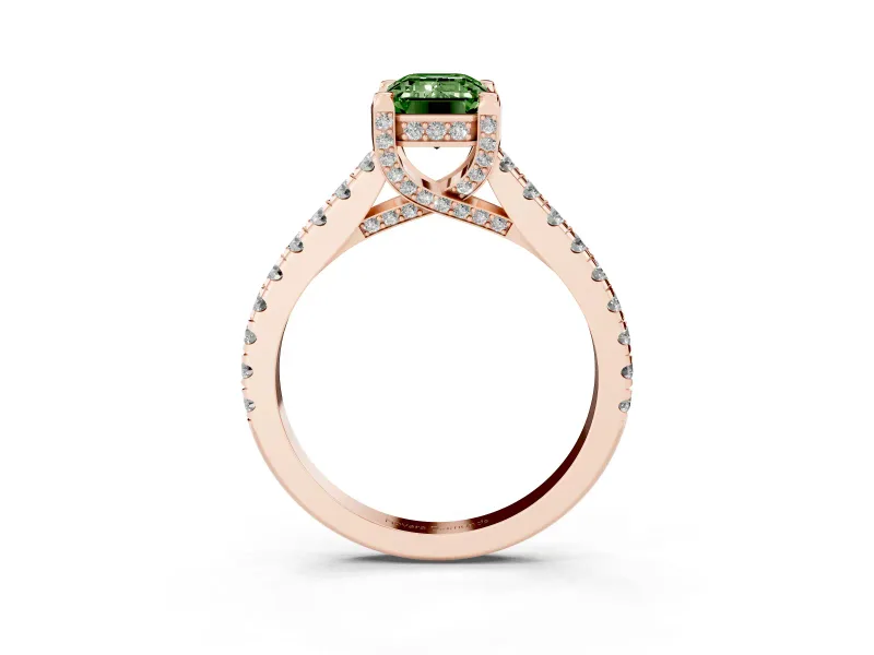Emerald Cut Hidden Halo Pave Engagement Ring Setting for a Fancy Green Lab-Grown Diamond | Claw Prongs | Rose Gold
