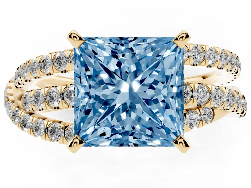 Fancy Blue Princess Cut Diamond Solitaire Twist Band Ring Set in Yellow gold with Pavé Setting and Prong Head