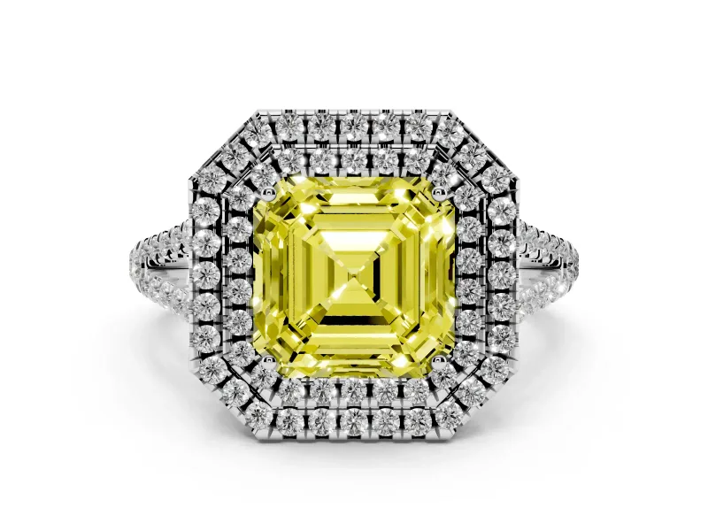 Fancy Yellow Asscher Cut Diamond Double Halo Ring Set in Platinum with Pavé Band