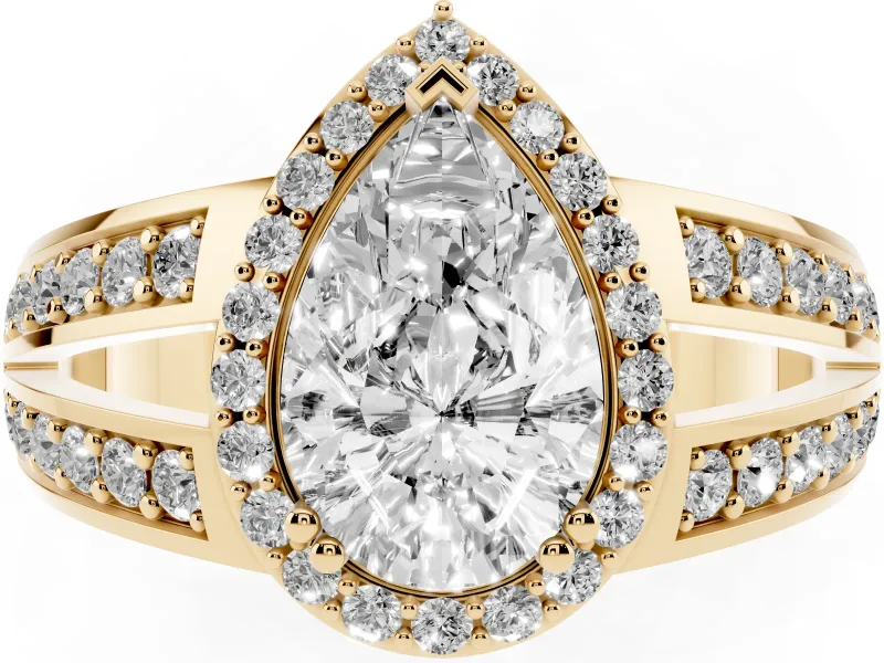 Pear-Shaped Halo Engagement Ring Setting | Two-Row Pave Split Shank | Yellow Gold