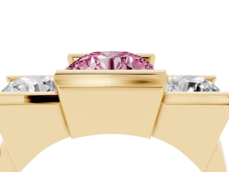 Fancy Pink Round Cut Diamond Three-Stone Channel Set Ring Set in Yellow gold with Smooth Polished Band