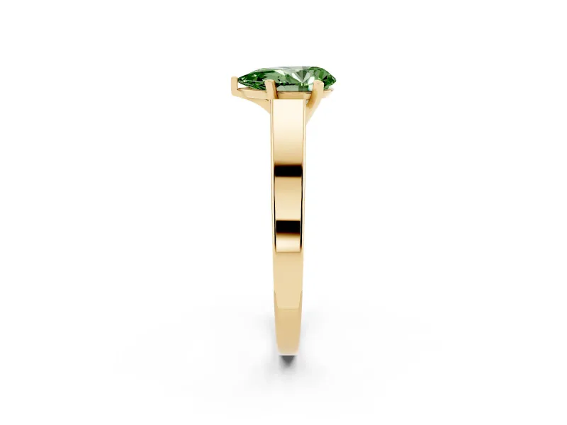 Fancy Green Pear Cut Diamond Solitaire Engagement Ring Set in Yellow gold with Prong Setting and Tapered Band
