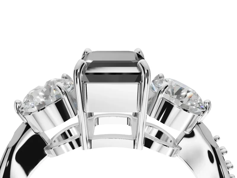Fancy Black Emerald Cut Lab-Grown Diamond Three-Stone Ring Set in White Gold with Channel-Set Band and Prong Setting
