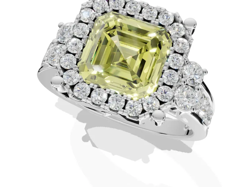 Asscher Cut Halo Engagement Ring Setting for a Fancy Yellow Lab-Grown Diamond | Graduated Channel Band | Platinum