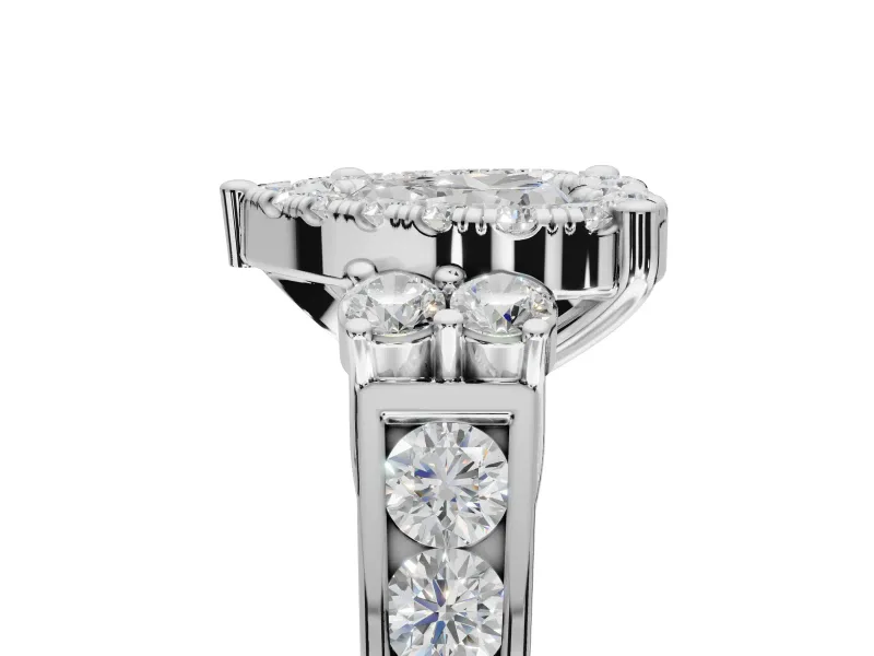 Heart-Shaped Halo Side Cluster Engagement Ring Setting | Graduated Channel Band | Platinum