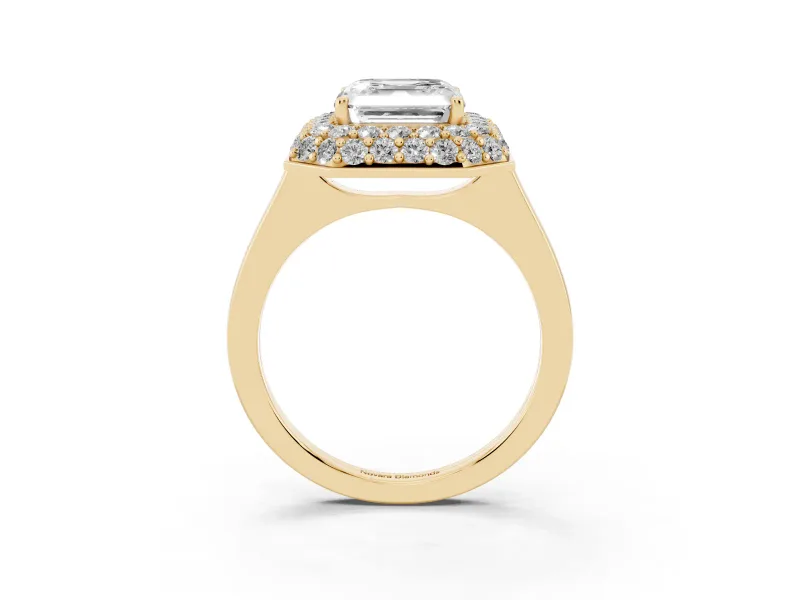 Asscher Cut Pave Halo Engagement Ring Setting | Slim Plain Band | Yellow Gold