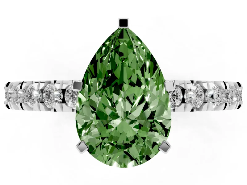 Fancy Green Pear Cut Diamond Pavé Band Solitaire Set in White gold with Prong Setting
