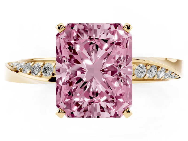 Fancy Pink Radiant Cut Diamond Engagement Ring Set in Yellow gold with Side Stone Accents and Prong Setting