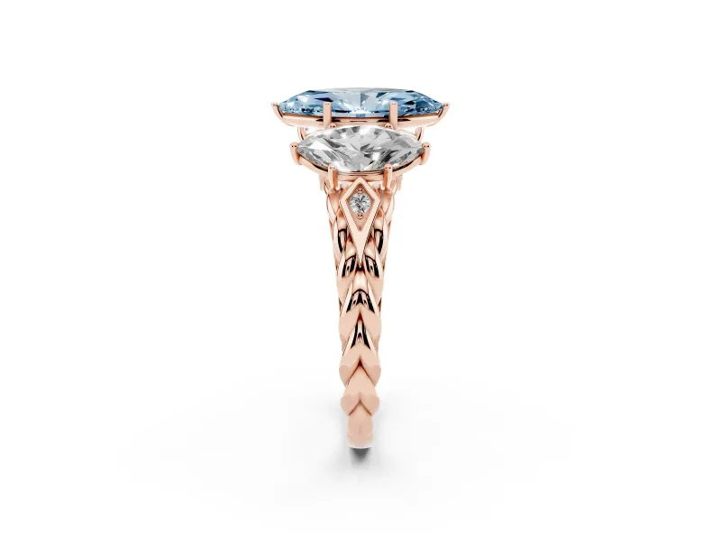 Fancy Blue Marquise Cut Diamond Three-Stone Ring Set in Rose gold with Braided Band