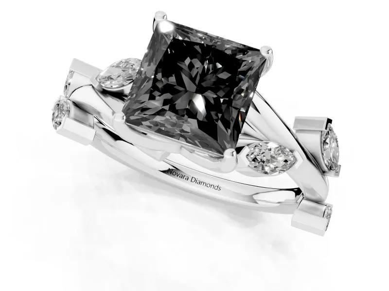 Princess Cut Twisted Vine Engagement Ring Setting for a Black Center | Marquise Leaves | White Gold
