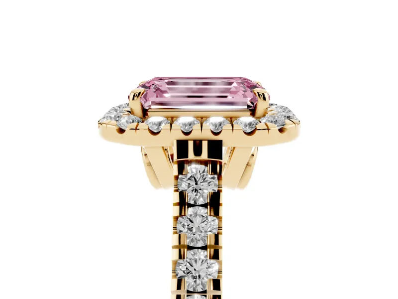 Emerald Cut Accented Halo Engagement Ring Setting for a Fancy Pink Lab-Grown Diamond | Yellow Gold