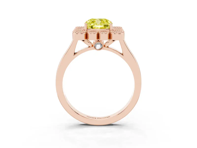 Cushion Cut Milgrain Cluster Halo Engagement Ring Setting for a Fancy Yellow Lab-Grown Diamond | Plain Band | Rose Gold