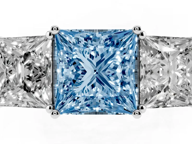 Princess Cut Three Stone Engagement Ring Setting for a Fancy Blue Lab-Grown Diamond | Beaded Shoulders | Platinum