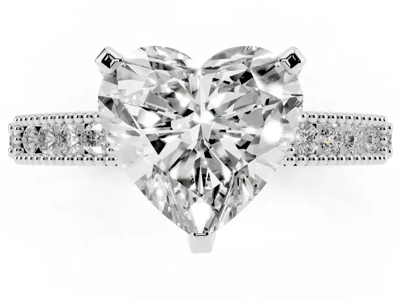 Heart Cut Diamond Solitaire Ring Set in Silver with Slim Pavé Band and Prong Setting
