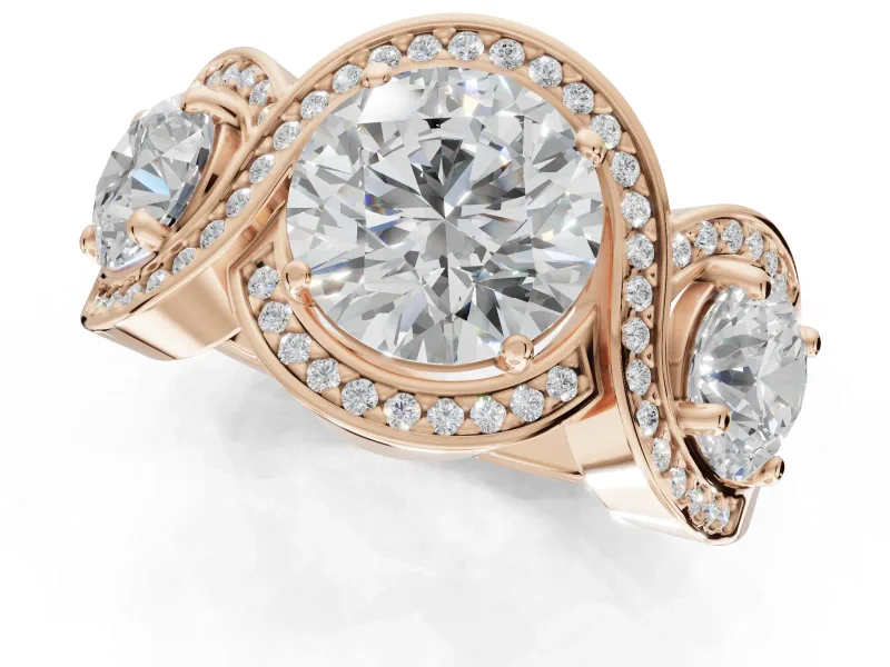 Round Three Stone Halo Engagement Ring Setting | Pavé Wave Band | Rose Gold