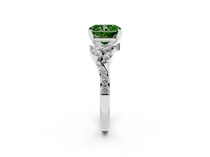 Fancy Green Radiant Cut Diamond Solitaire Ring Set in Platinum with Marquise Twist Band and Prong Setting