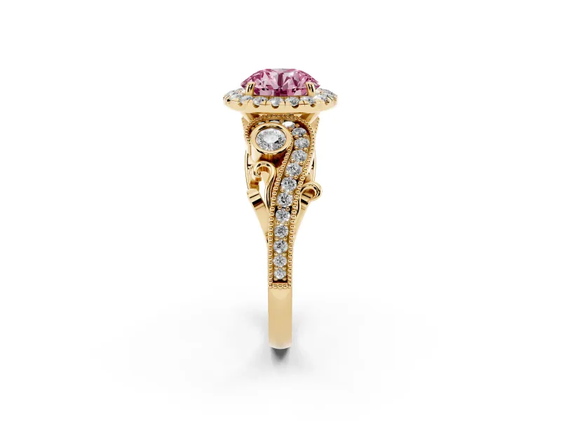 Round Vintage Halo Engagement Ring Setting for a Fancy Pink Lab-Grown Diamond | Yellow Gold