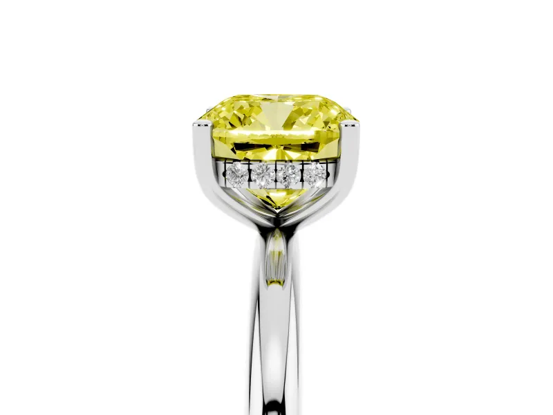 Fancy Yellow Cushion Cut Diamond Solitaire Engagement Ring Set in Silver with Prong Setting and Polished Band