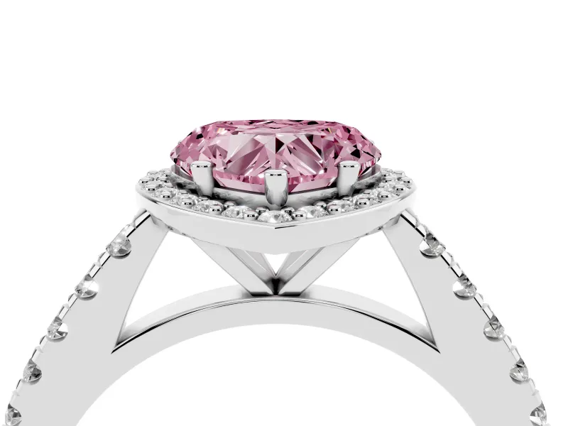 Fancy Pink Heart Cut Diamond Halo Engagement Ring Set in Silver with Pavé Band and Prong Setting