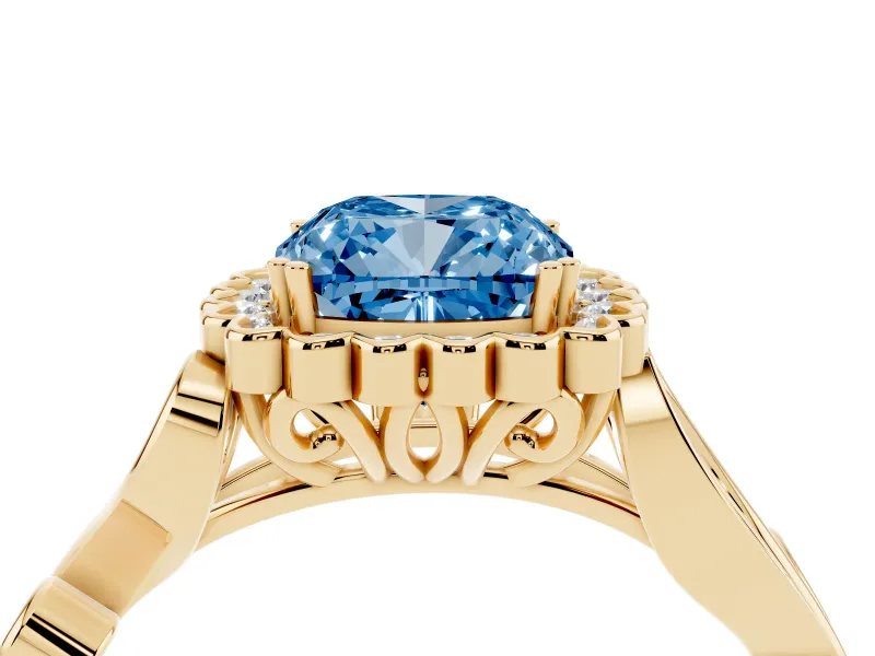Cushion Cut Leaf Halo Engagement Ring Setting for a Fancy Blue Lab-Grown Diamond | Yellow Gold