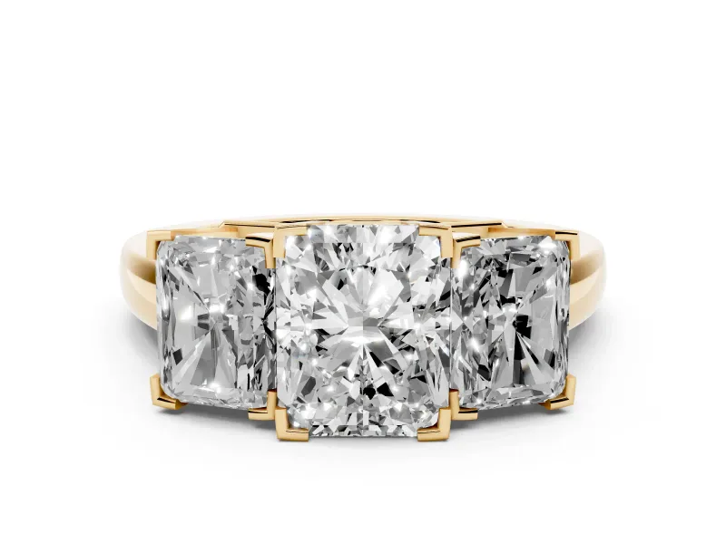 Radiant Cut Diamond Three-Stone Ring Set in Yellow gold with Channel-Set Band and Prong Settings