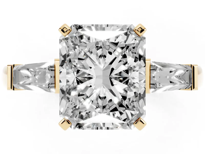 Radiant Cut Three Stone Engagement Ring Setting | Tapered Baguettes | Yellow Gold